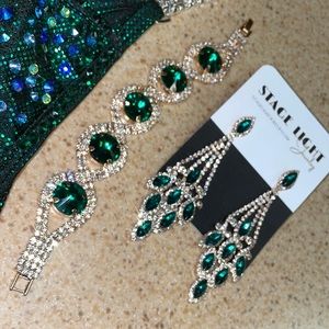 Emerald & Rhinestone Earrings with Matching Bracelet Set by Stage Light Jewelry